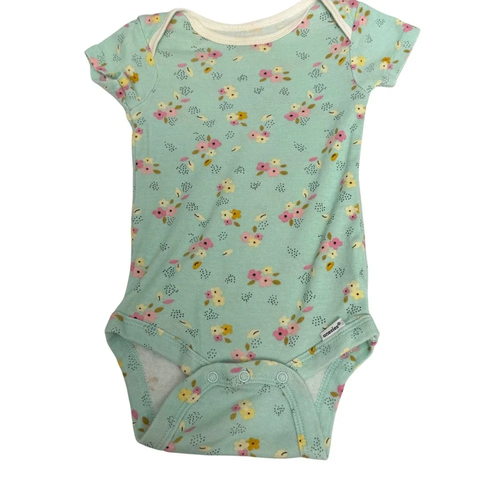 Gerber Baby Girls 3-6M Onesies 2 Pack Mint Floral Pink Polka Dot Cotton Snaps‎